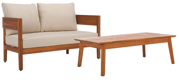 Safavieh THEO Bench + Table Set - Stylish Natural Wood & Taupe Cushions for Outdoor Comfort & Relaxation PAT7088A