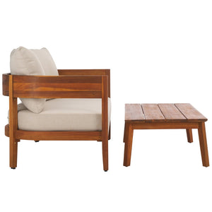 Safavieh THEO Bench + Table Set - Stylish Natural Wood & Taupe Cushions for Outdoor Comfort & Relaxation PAT7088A