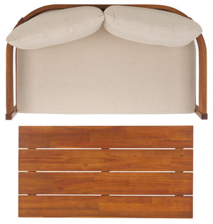 Safavieh THEO Bench + Table Set - Stylish Natural Wood & Taupe Cushions for Outdoor Comfort & Relaxation PAT7088A