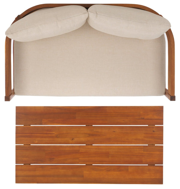 Safavieh THEO Bench + Table Set - Stylish Natural Wood & Taupe Cushions for Outdoor Comfort & Relaxation PAT7088A