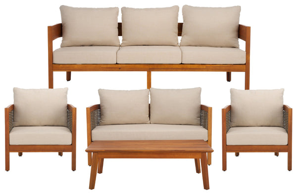 Safavieh AMANDA Outdoor Bench + Table Set - Stylish Acacia Wood with Taupe Cushion for Modern Patios & Gardens PAT7090A