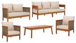 Safavieh AMANDA Outdoor Bench + Table Set - Stylish Acacia Wood with Taupe Cushion for Modern Patios & Gardens PAT7090A
