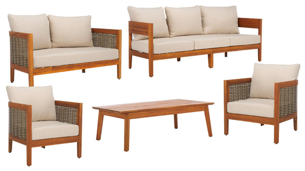 Safavieh AMANDA Chair Set of 2 - Stylish Outdoor Seating with Natural Acacia Wood Frame & Taupe Cushions PAT7089A-SET2