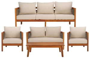 Safavieh AMANDA Outdoor Bench + Table Set - Stylish Acacia Wood with Taupe Cushion for Modern Patios & Gardens PAT7090A