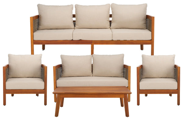 Safavieh AMANDA Outdoor Bench + Table Set - Stylish Acacia Wood with Taupe Cushion for Modern Patios & Gardens PAT7090A