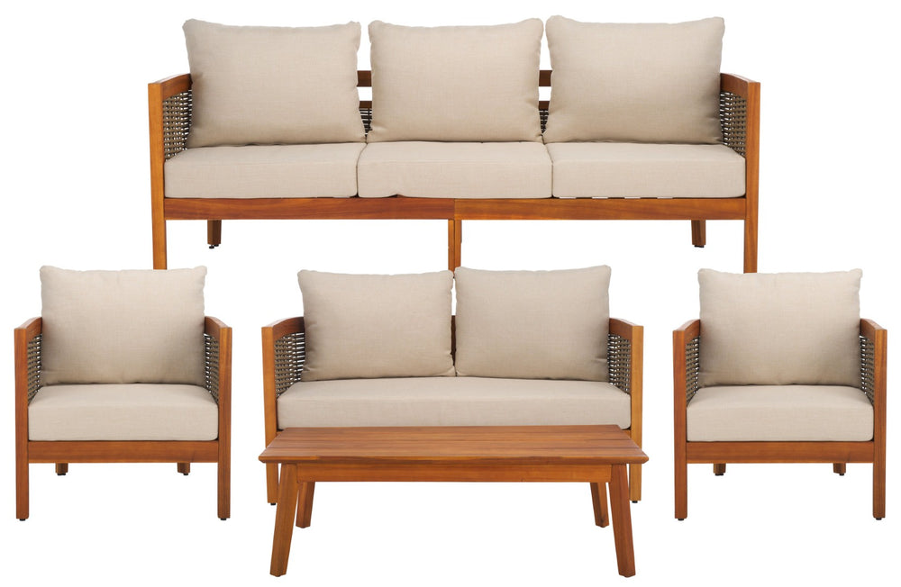 Safavieh AMANDA 3-Seater Outdoor Sofa – Natural Acacia Wood Frame with Plush Taupe Cushions for Comfort PAT7093A