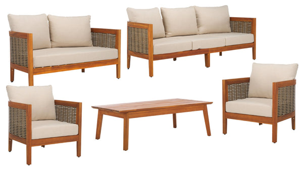 Safavieh AMANDA 3-Seater Outdoor Sofa – Natural Acacia Wood Frame with Plush Taupe Cushions for Comfort PAT7093A