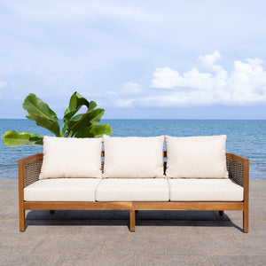 Safavieh AMANDA 3-Seater Outdoor Sofa – Natural Acacia Wood Frame with Plush Taupe Cushions for Comfort PAT7093A