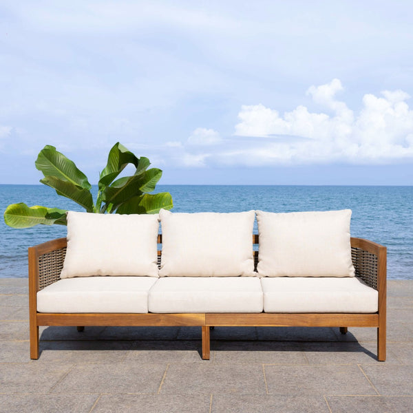 Safavieh AMANDA 3-Seater Outdoor Sofa – Natural Acacia Wood Frame with Plush Taupe Cushions for Comfort PAT7093A