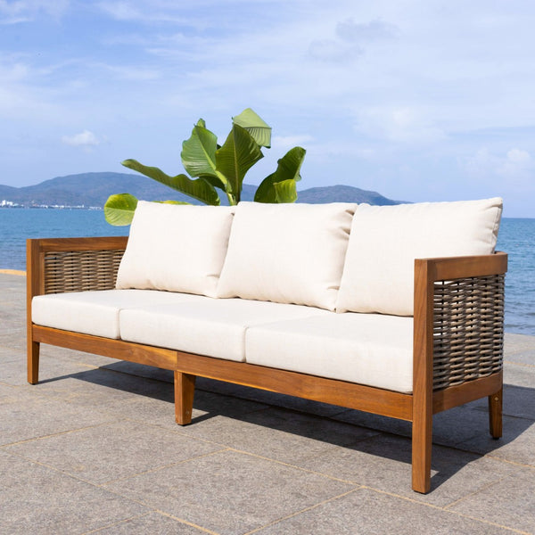 Safavieh AMANDA 3-Seater Outdoor Sofa – Natural Acacia Wood Frame with Plush Taupe Cushions for Comfort PAT7093A