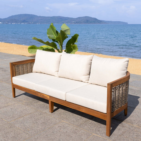 Safavieh AMANDA 3-Seater Outdoor Sofa – Natural Acacia Wood Frame with Plush Taupe Cushions for Comfort PAT7093A