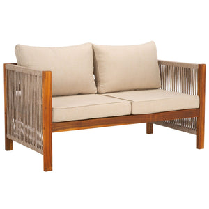 Safavieh ROYA 4 PC Outdoor Living Set - Natural Acacia Wood with Plush Taupe Cushions for Stylish Comfort PAT7095A