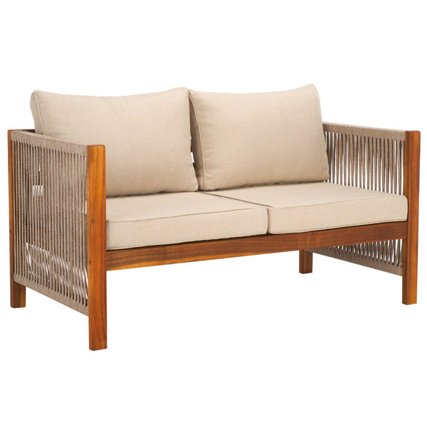Safavieh ROYA 4 PC Outdoor Living Set - Natural Acacia Wood with Plush Taupe Cushions for Stylish Comfort PAT7095A