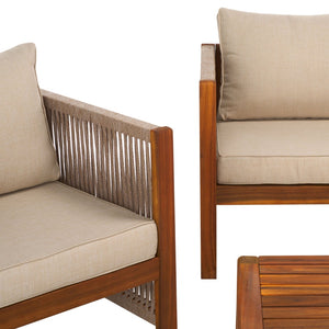 Safavieh ROYA 4 PC Outdoor Living Set - Natural Acacia Wood with Plush Taupe Cushions for Stylish Comfort PAT7095A
