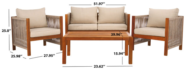 Safavieh ROYA 4 PC Outdoor Living Set - Natural Acacia Wood with Plush Taupe Cushions for Stylish Comfort PAT7095A