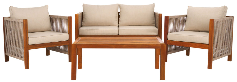 Safavieh ROYA 4 PC Outdoor Living Set - Natural Acacia Wood with Plush Taupe Cushions for Stylish Comfort PAT7095A