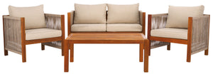 Safavieh ROYA 4 PC Outdoor Living Set - Natural Acacia Wood with Plush Taupe Cushions for Stylish Comfort PAT7095A
