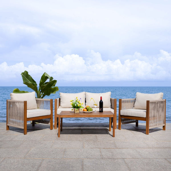 Safavieh ROYA 4 PC Outdoor Living Set - Natural Acacia Wood with Plush Taupe Cushions for Stylish Comfort PAT7095A