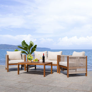 Safavieh ROYA 4 PC Outdoor Living Set - Natural Acacia Wood with Plush Taupe Cushions for Stylish Comfort PAT7095A