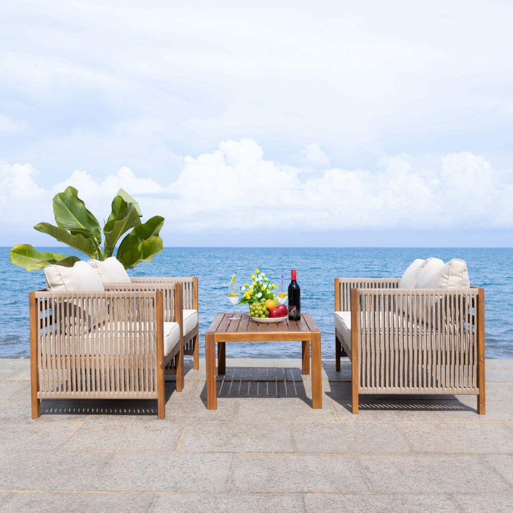 Safavieh ROYA 4 PC Outdoor Living Set - Natural Acacia Wood with Plush Taupe Cushions for Stylish Comfort PAT7095A