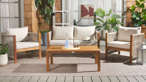 Safavieh ROYA 4 PC Outdoor Living Set - Natural Acacia Wood with Plush Taupe Cushions for Stylish Comfort PAT7095A