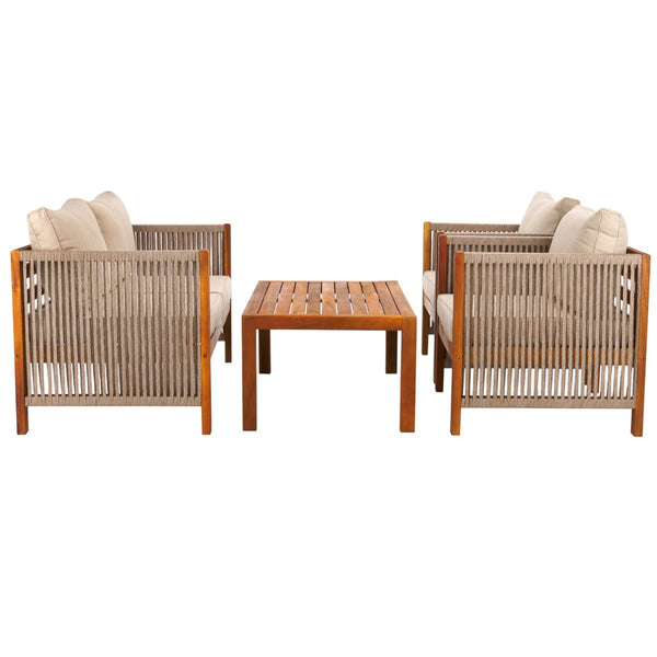 Safavieh ROYA 4 PC Outdoor Living Set - Natural Acacia Wood with Plush Taupe Cushions for Stylish Comfort PAT7095A