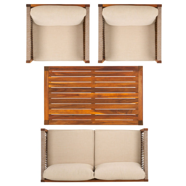 Safavieh ROYA 4 PC Outdoor Living Set - Natural Acacia Wood with Plush Taupe Cushions for Stylish Comfort PAT7095A