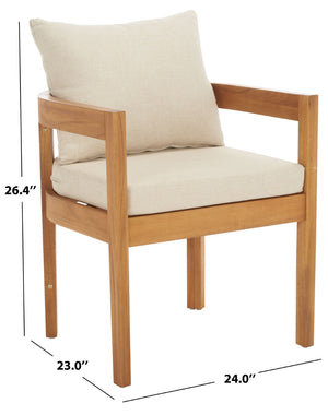 Safavieh KENTO Outdoor Dining Chair Set of 2 - Natural Wood Frame & Plush Taupe Cushions for Comfort PAT7096A-SET2