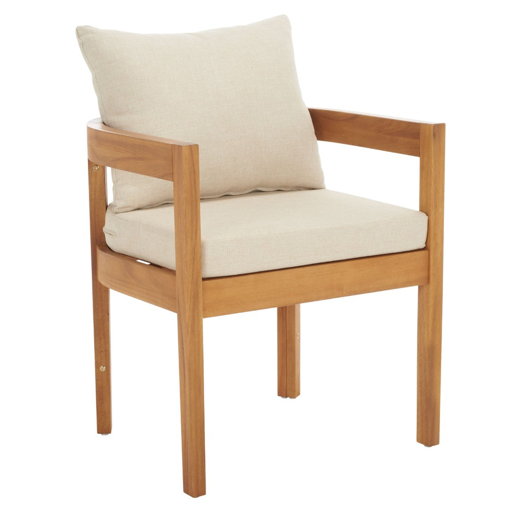 Safavieh KENTO Outdoor Dining Chair Set of 2 - Natural Wood Frame & Plush Taupe Cushions for Comfort PAT7096A-SET2