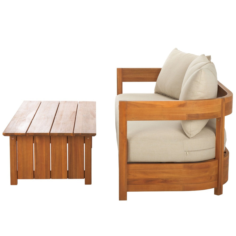 Safavieh KENTO 3-Seater Sofa - Stylish Natural Wood Frame with Taupe Cushions for Outdoor Comfort & Charm PAT7098A