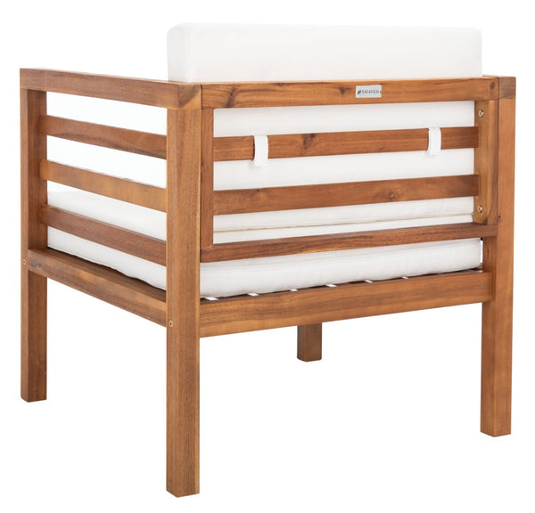 Safavieh KINNELL Outdoor Armchair - Stylish Wood Frame with Plush Cushions for Ultimate Comfort & Durability Natural / Beige PAT7301A