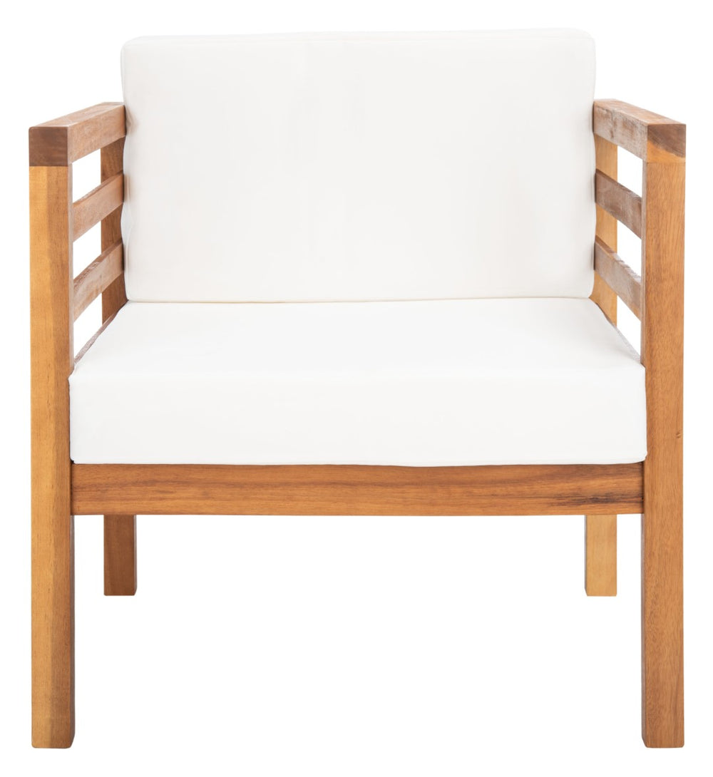 Safavieh KINNELL Outdoor Armchair - Stylish Wood Frame with Plush Cushions for Ultimate Comfort & Durability Natural / Beige PAT7301A