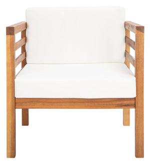 Safavieh KINNELL Outdoor Armchair - Stylish Wood Frame with Plush Cushions for Ultimate Comfort & Durability Natural / Beige PAT7301A