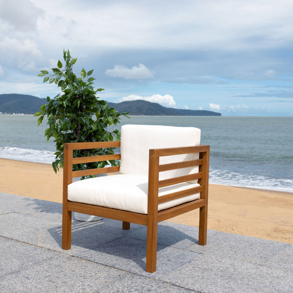 Safavieh KINNELL Outdoor Armchair - Stylish Wood Frame with Plush Cushions for Ultimate Comfort & Durability Natural / Beige PAT7301A