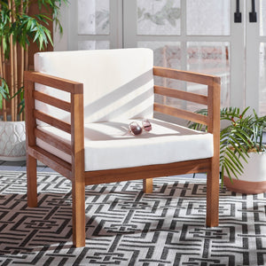 Safavieh KINNELL Outdoor Armchair - Stylish Wood Frame with Plush Cushions for Ultimate Comfort & Durability Natural / Beige PAT7301A