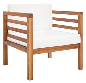 Safavieh KINNELL Outdoor Armchair - Stylish Wood Frame with Plush Cushions for Ultimate Comfort & Durability Natural / Beige PAT7301A