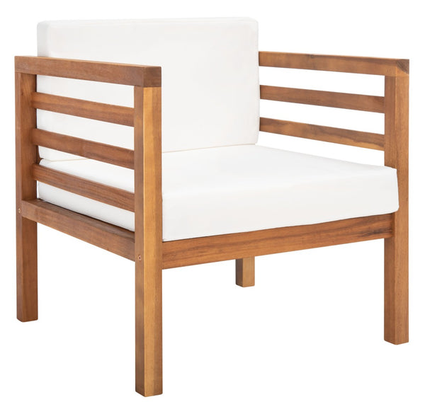 Safavieh KINNELL Outdoor Armchair - Stylish Wood Frame with Plush Cushions for Ultimate Comfort & Durability Natural / Beige PAT7301A