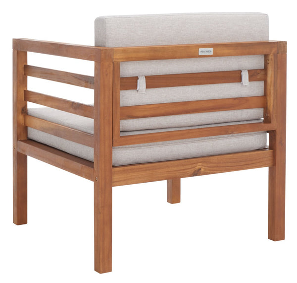 Safavieh KINNELL Outdoor Armchair - Stylish Wood Frame with Plush Cushions for Ultimate Comfort & Durability Natural / Light Grey PAT7301E