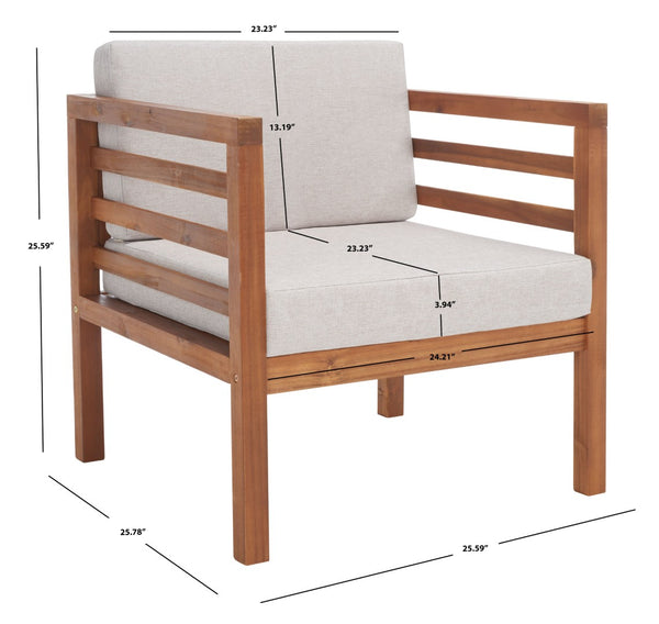 Safavieh KINNELL Outdoor Armchair - Stylish Wood Frame with Plush Cushions for Ultimate Comfort & Durability Natural / Light Grey PAT7301E