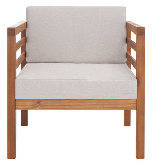 Safavieh KINNELL Outdoor Armchair - Stylish Wood Frame with Plush Cushions for Ultimate Comfort & Durability Natural / Light Grey PAT7301E