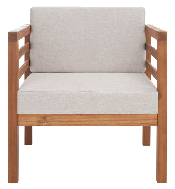 Safavieh KINNELL Outdoor Armchair - Stylish Wood Frame with Plush Cushions for Ultimate Comfort & Durability Natural / Light Grey PAT7301E