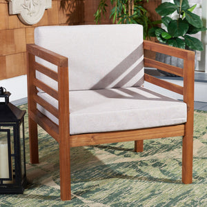 Safavieh KINNELL Outdoor Armchair - Stylish Wood Frame with Plush Cushions for Ultimate Comfort & Durability Natural / Light Grey PAT7301E