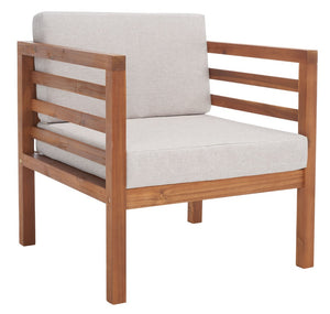 Safavieh KINNELL Outdoor Armchair - Stylish Wood Frame with Plush Cushions for Ultimate Comfort & Durability Natural / Light Grey PAT7301E