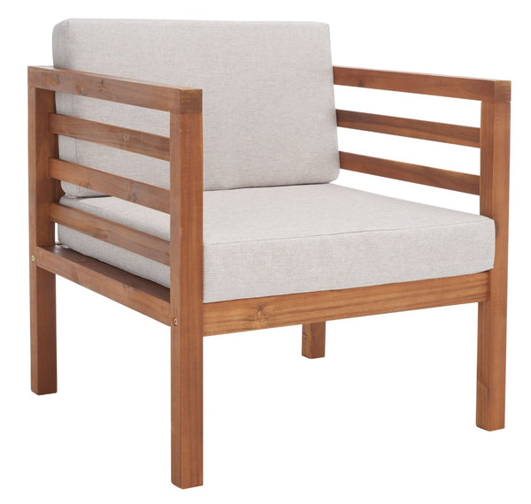 Safavieh KINNELL Outdoor Armchair - Stylish Wood Frame with Plush Cushions for Ultimate Comfort & Durability Natural / Light Grey PAT7301E