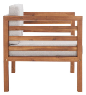 Safavieh KINNELL Outdoor Armchair - Stylish Wood Frame with Plush Cushions for Ultimate Comfort & Durability Natural / Light Grey PAT7301E
