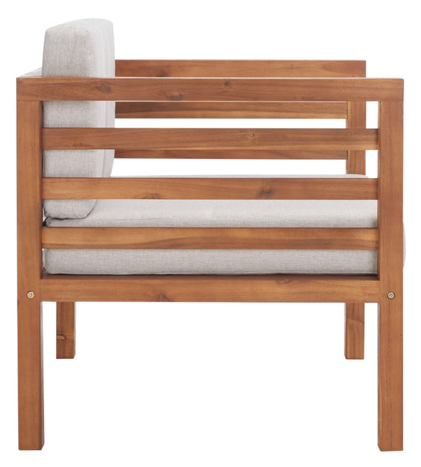 Safavieh KINNELL Outdoor Armchair - Stylish Wood Frame with Plush Cushions for Ultimate Comfort & Durability Natural / Light Grey PAT7301E