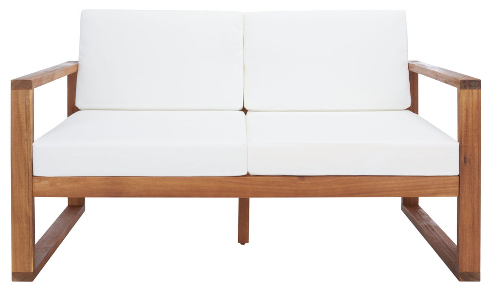 Safavieh EMIKO Outdoor Bench - Modern Comfort for Your Porch or Patio with Plush Cushions and Stylish Design Natural / Beige PAT7302A