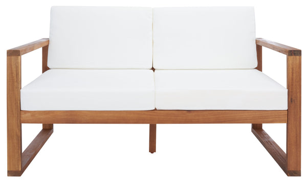 Safavieh EMIKO Outdoor Bench - Modern Comfort for Your Porch or Patio with Plush Cushions and Stylish Design Natural / Beige PAT7302A