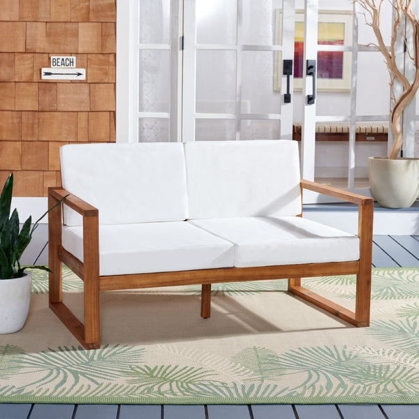 Safavieh EMIKO Outdoor Bench - Modern Comfort for Your Porch or Patio with Plush Cushions and Stylish Design Natural / Beige PAT7302A