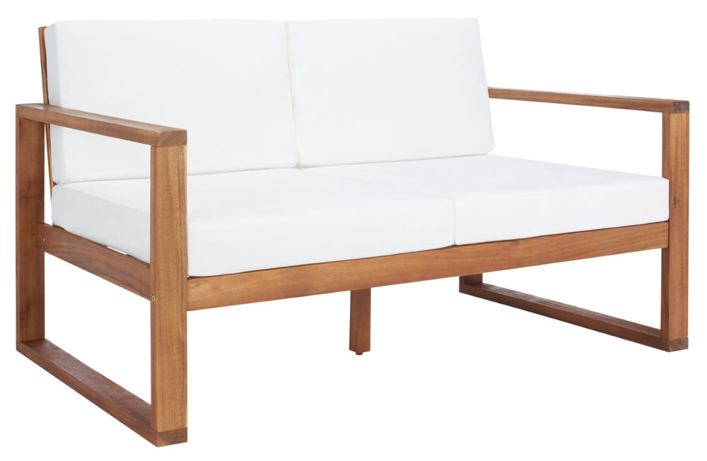 Safavieh EMIKO Outdoor Bench - Modern Comfort for Your Porch or Patio with Plush Cushions and Stylish Design Natural / Beige PAT7302A